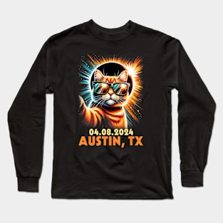 Cat Taking A Selfie Total Solar Eclipse 2024 Austin Texas Long Sleeve T-Shirt